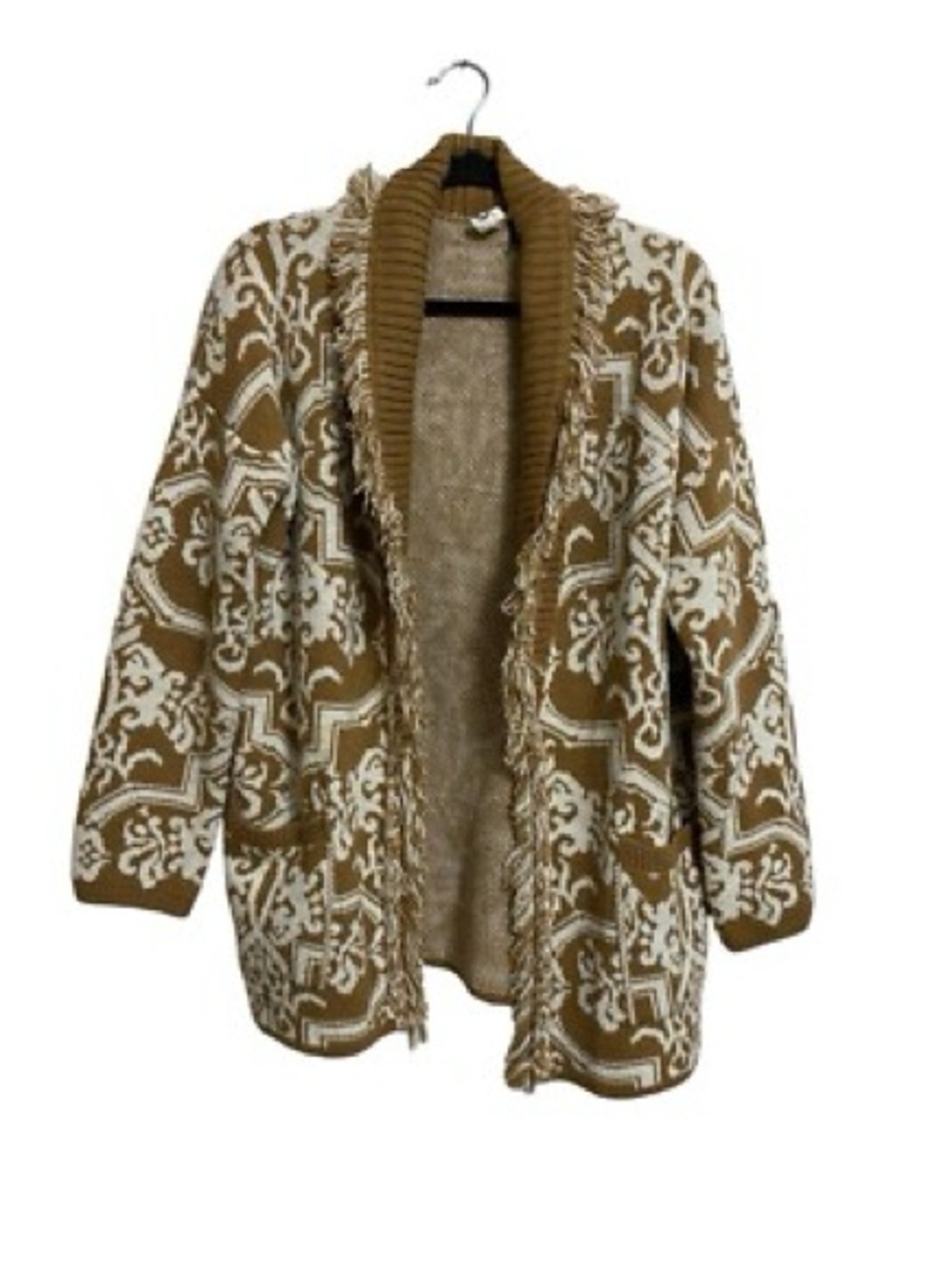 Akemi + Kin for Anthropologie cardigan features a geometric pattern,fringed trim